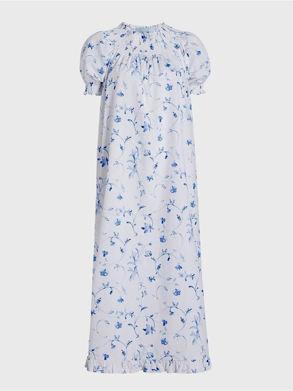 HILL HOUSE Nap White Maxi Dress w Blue Floral Print w Smocked Neck Puff Sleeves
